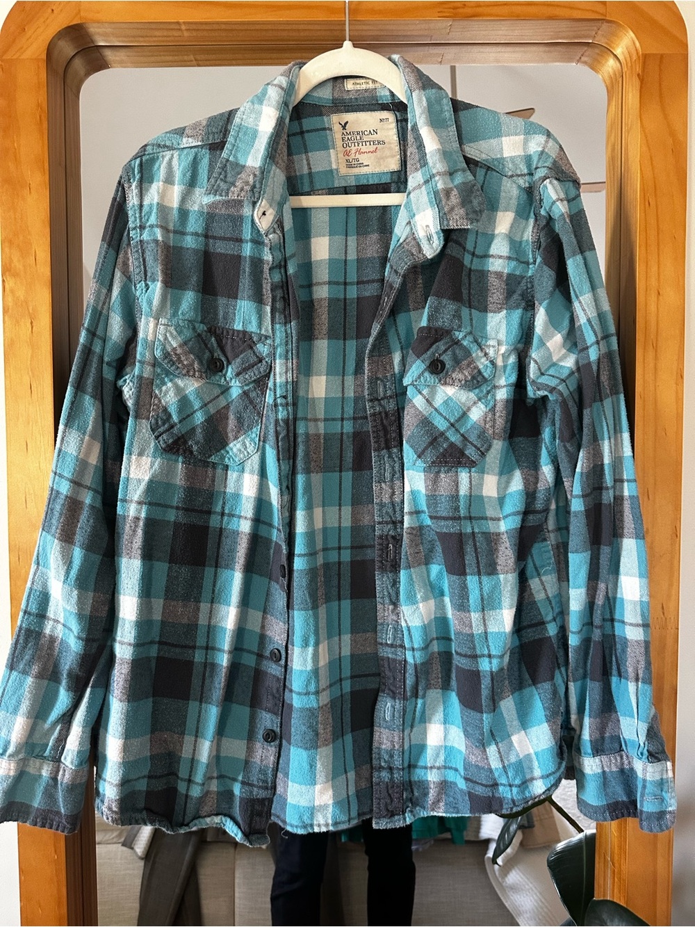 American Eagle Outfitters Blue and Black Plaid Button-Down Flannel Shirt